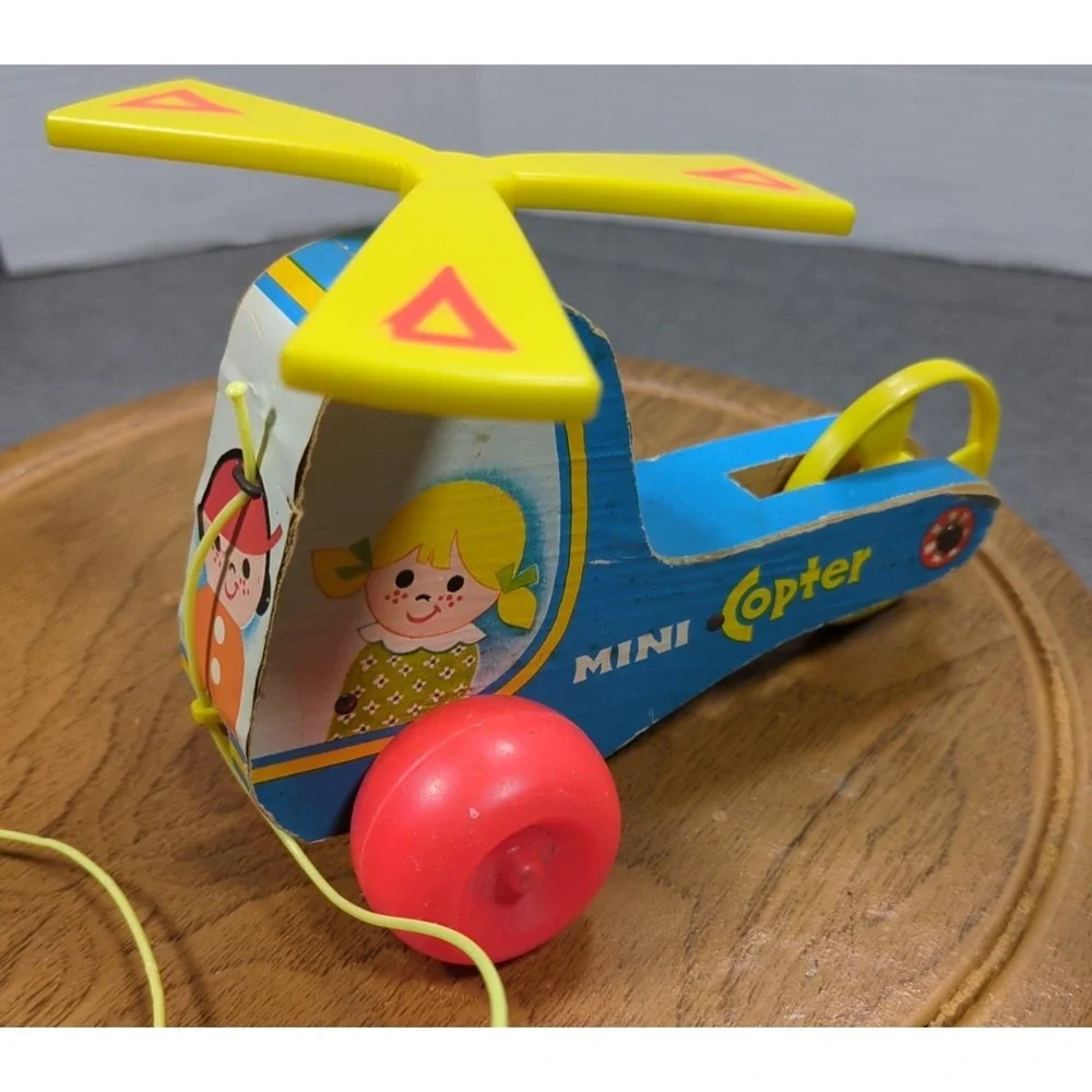 Vtg 1970 Fisher Price Mini Copter Pull Toy 448 Wood Helicopter Works Gnawd Strng
